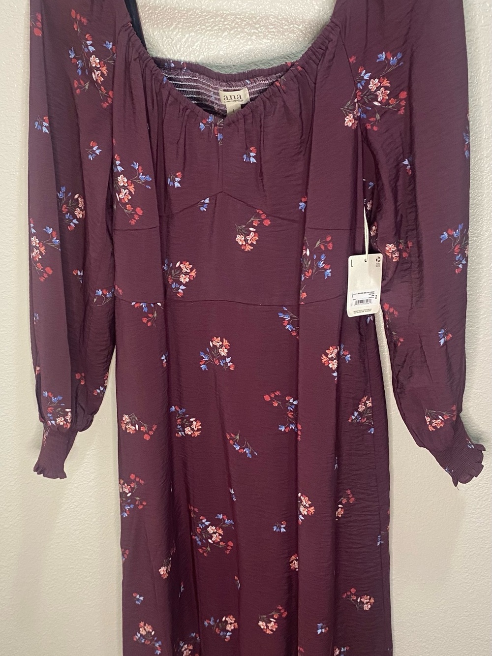 ‘L “a.n.a 🌸Plum Floral Long Sleeve Midi Dress with Pink & Blue Accents